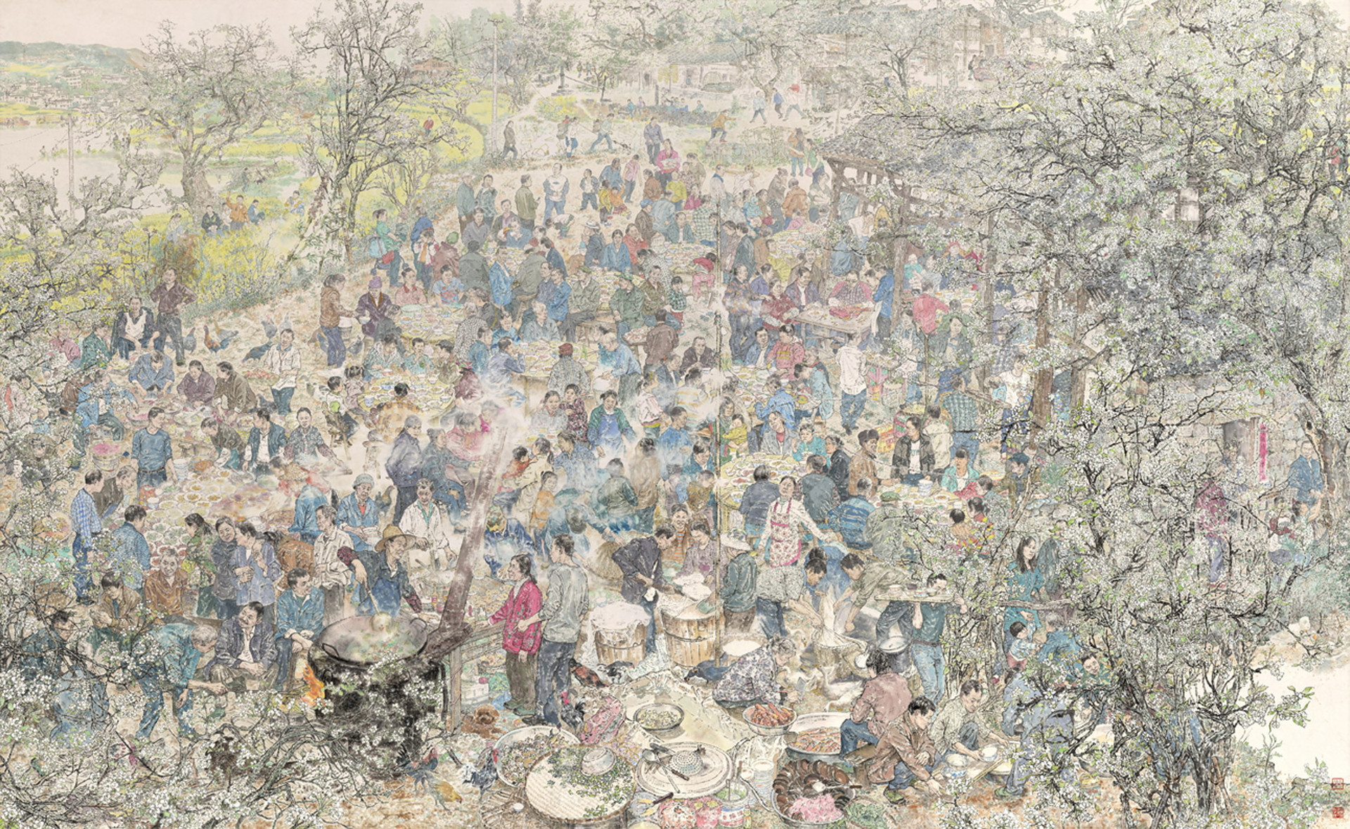 13.唐德福《梨花沟》145×235cm中国画2016年(入选文旅部主办的第十一届中国艺术节全国优秀美术作品展)