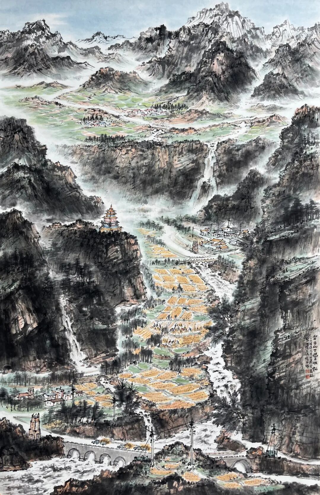 张风塘《雷古山下丰收忙》360cm×200cm