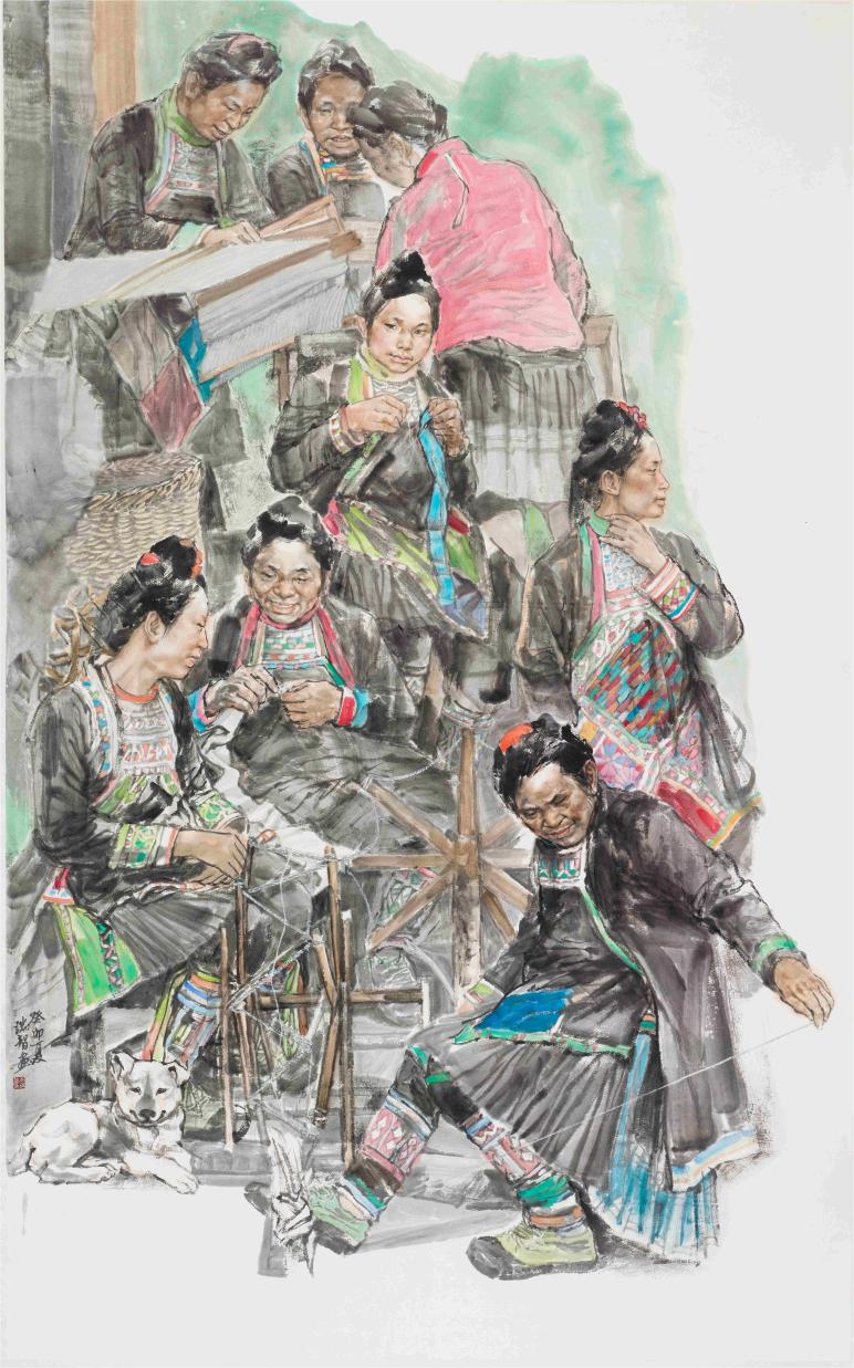 14重庆画院 孟瑞智 《纺车悠悠》 纸本水墨145x232cm 2023