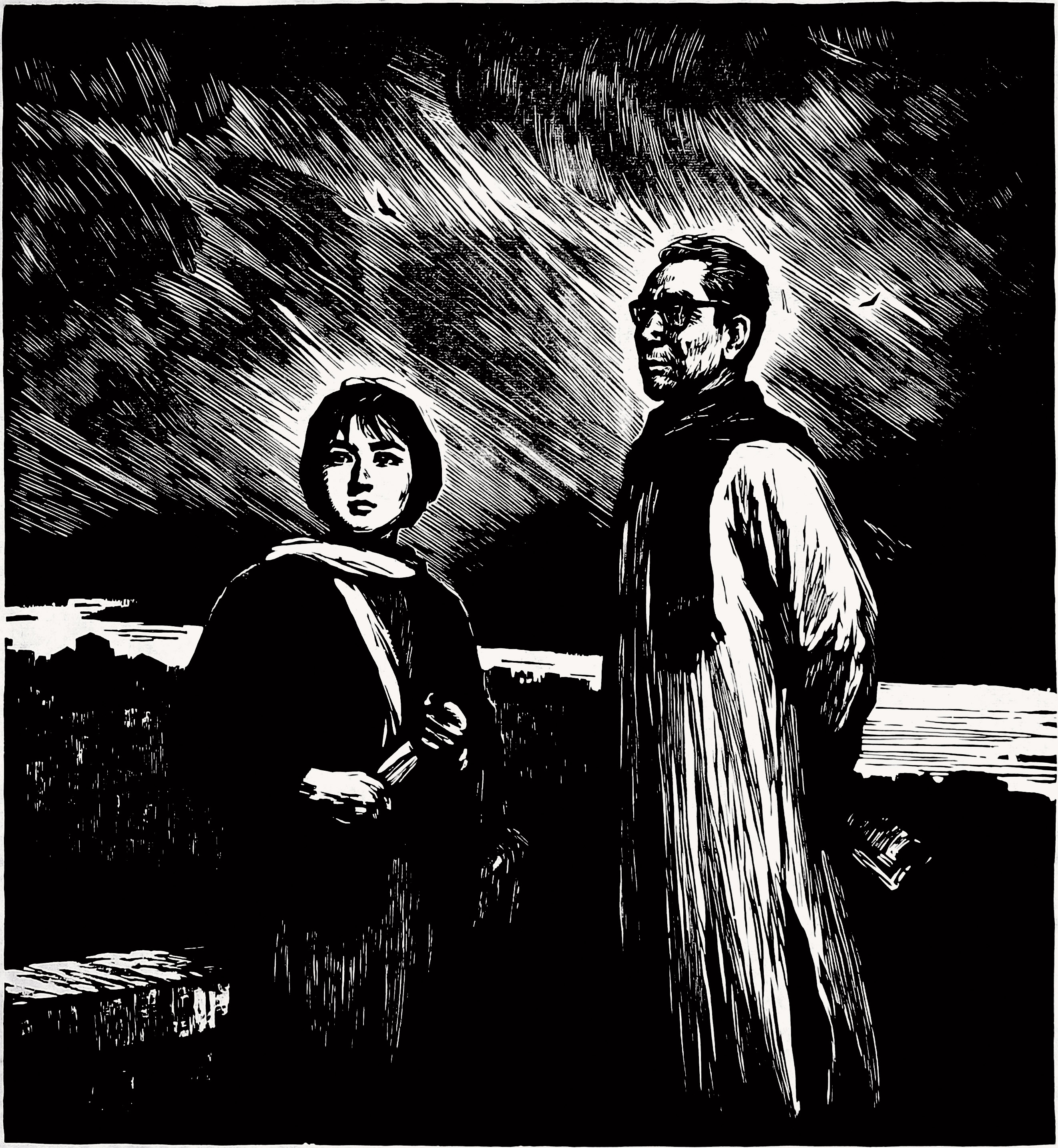 迎接斗争——李敬原和成瑶 吴强年 版画 1978年 39.5×43cm 纸本