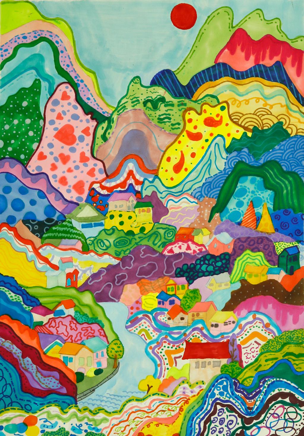 王跃熹,《梦游仙境·山城》儿童画，重庆市涪陵区美术馆