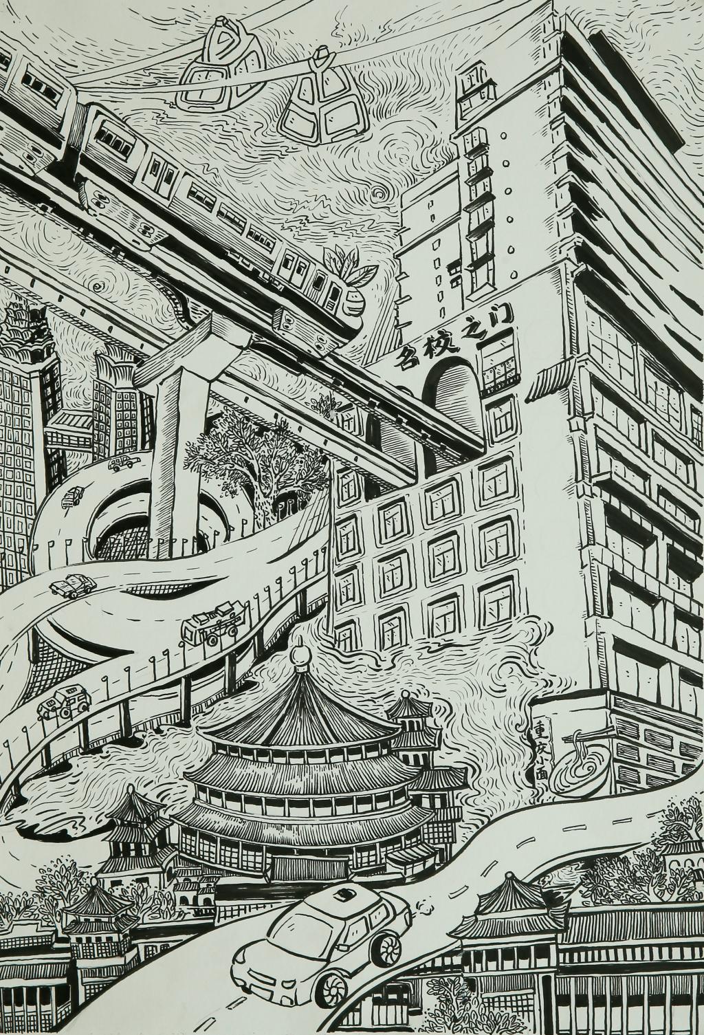 李安然,《菜头列车带我去名校》,线描，重庆市涪陵区美术馆