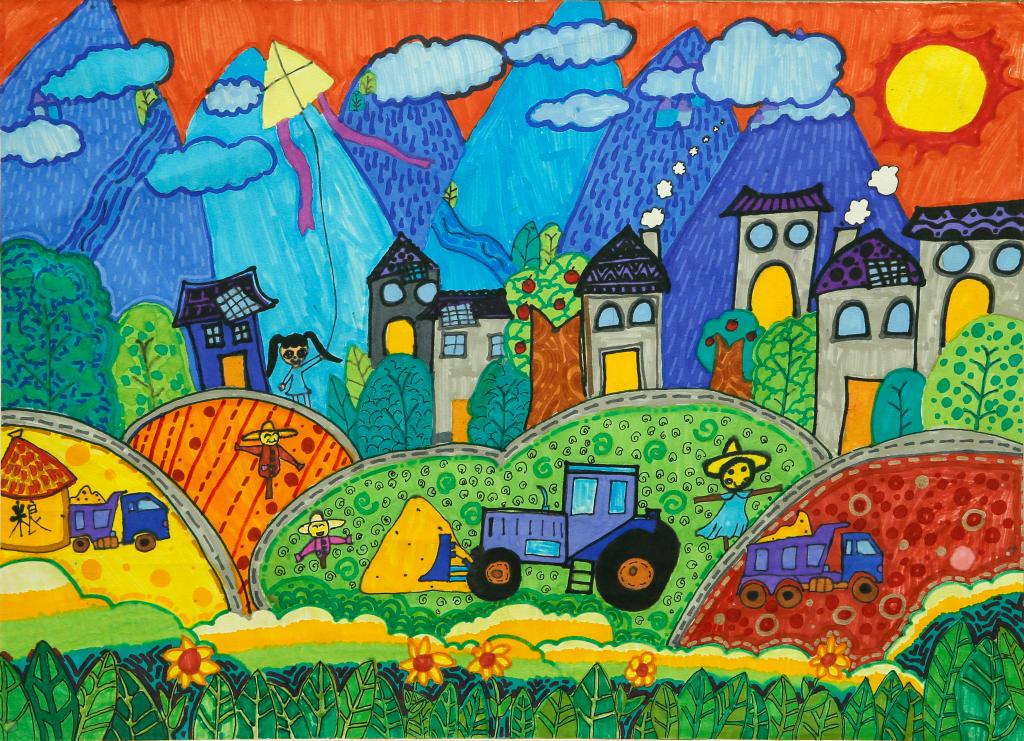 黄俐涵，《乡村振兴》儿童画，重庆市涪陵区美术馆