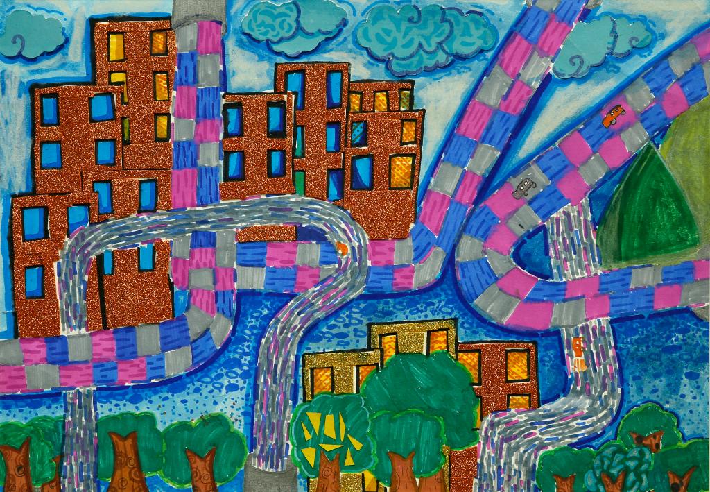 蔡明芮，《康庄大道》，儿童画，重庆市涪陵区美术馆