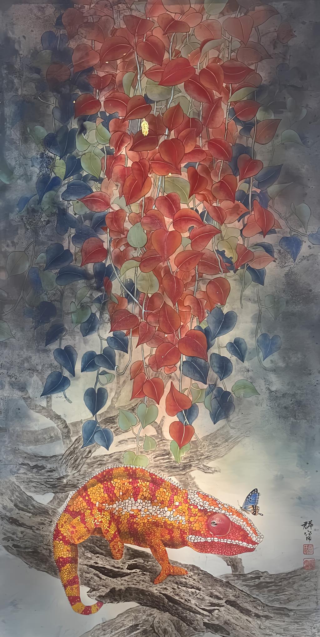 4曾群甯 释然 135×69cm 2021年 墨、水干颜料、云母、金箔 台湾师范大学艺术学院美术学系硕士班水墨组