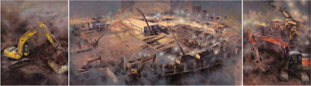 《决战前夜——记火神山医院建设》 翁凯旋、刘影   油画100×360cm 2020年