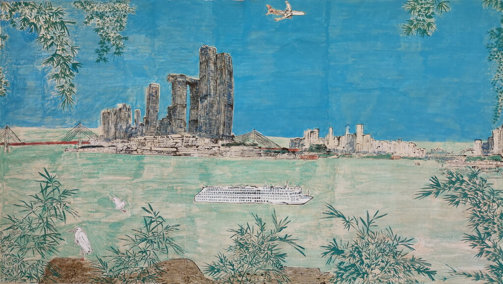 朝天扬帆  梁昌华  版画  183×96cm  2022   